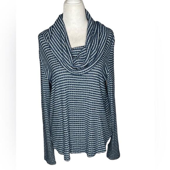 Lucky Brand Women's Cowl Neck Sweater Bonne Chance Striped Pullover Blue MED - Picture 1 of 10